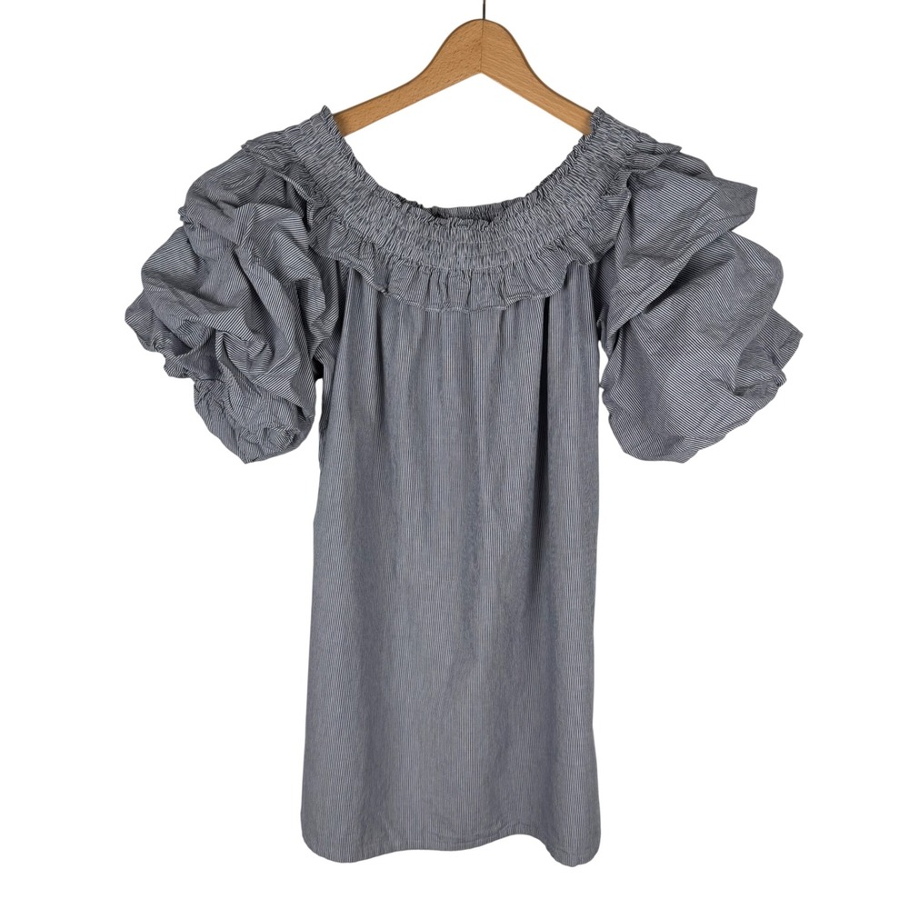 MISA Los Angeles Pinstripe Smocked Ruffle Cotton Dress Womens Large Puff Sleeves